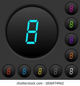 digital number eight of seven segment type dark push buttons with vivid color icons on dark grey background