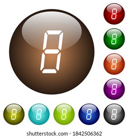 digital number eight of seven segment type white icons on round glass buttons in multiple colors