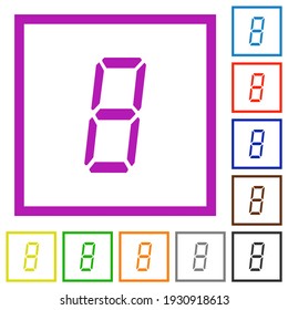 número digital ocho de siete segmentos tipo iconos de color plano en marcos cuadrados sobre fondo blanco