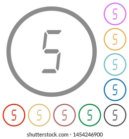 digital number five of seven segment type flat color icons in round outlines on white background
