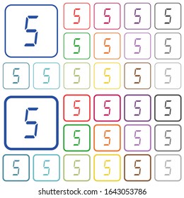 digital number five of seven segment type color flat icons in rounded square frames. Thin and thick versions included.
