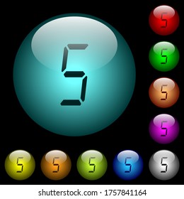 digital number five of seven segment type icons in color illuminated spherical glass buttons on black background. Can be used to black or dark templates