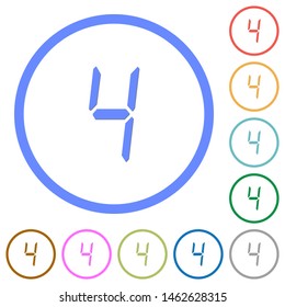 digital number four of seven segment type flat color vector icons with shadows in round outlines on white background