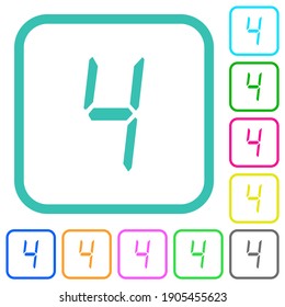 digital number four of seven segment type vivid colored flat icons in curved borders on white background
