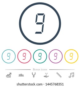 digital number nine of seven segment type flat color icons in round outlines. 6 bonus icons included.
