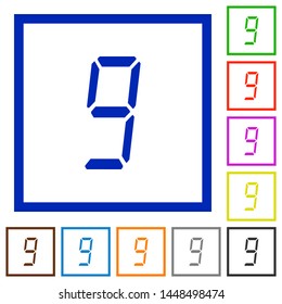digital number nine of seven segment type flat color icons in square frames on white background
