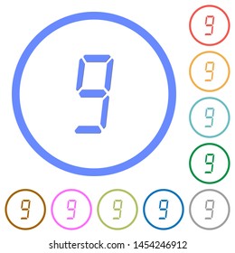 digital number nine of seven segment type flat color vector icons with shadows in round outlines on white background