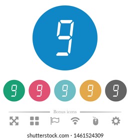 digital number nine of seven segment type flat white icons on round color backgrounds. 6 bonus icons included.