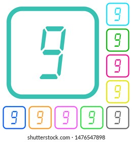 digital number nine of seven segment type vivid colored flat icons in curved borders on white background