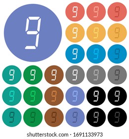 digital number nine of seven segment type multi colored flat icons on round backgrounds. Included white, light and dark icon variations for hover and active status effects, and bonus shades.