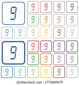 digital number nine of seven segment type color flat icons in rounded square frames. Thin and thick versions included.