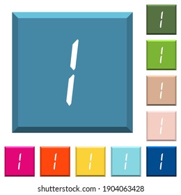 digital number one of seven segment type white icons on edged square buttons in various trendy colors