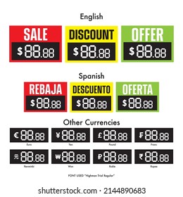 digital number prices to announce sale, discount and offer in supermarkets, and general stores, money in dollar, pesos, euro, yen, pound, franc, renminbi, won, ruble and rupee, english and spanish