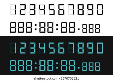 Digital number set with black and white and blue design, ideal for clocks, calculators, and electronic displays. Vector illustration.