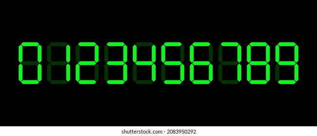 Digital number set. Calculator or clock numbers. Vector illustration. Green letters on black background