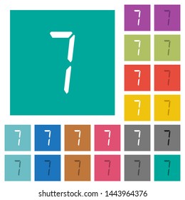 digital number seven of seven segment type multi colored flat icons on plain square backgrounds. Included white and darker icon variations for hover or active effects.
