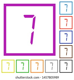 digital number seven of seven segment type flat color icons in square frames on white background