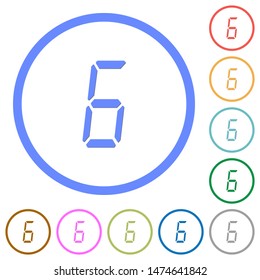 digital number six of seven segment type flat color vector icons with shadows in round outlines on white background