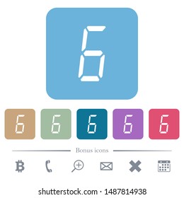 digital number six of seven segment type white flat icons on color rounded square backgrounds. 6 bonus icons included