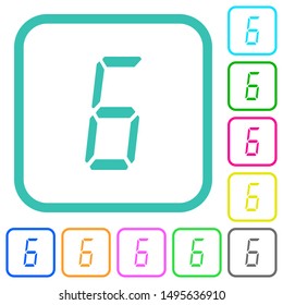digital number six of seven segment type vivid colored flat icons in curved borders on white background