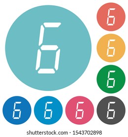 digital number six of seven segment type flat white icons on round color backgrounds