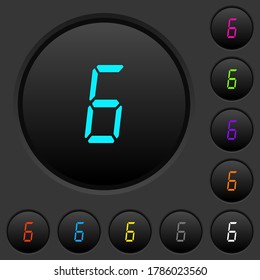 digital number six of seven segment type dark push buttons with vivid color icons on dark grey background
