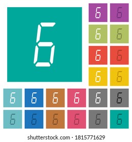 digital number six of seven segment type multi colored flat icons on plain square backgrounds. Included white and darker icon variations for hover or active effects.