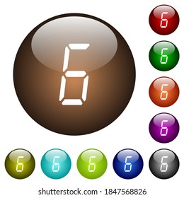 digital number six of seven segment type white icons on round glass buttons in multiple colors