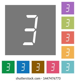 digital number three of seven segment type flat icons on simple color square backgrounds