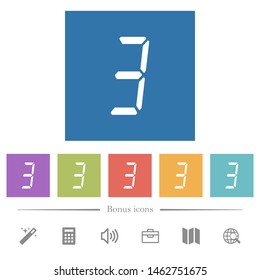 digital number three of seven segment type flat white icons in square backgrounds. 6 bonus icons included.