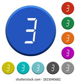 digital number three of seven segment type round color beveled buttons with smooth surfaces and flat white icons