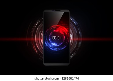 Digital number timer concept and countdown on smartphone, futuristic abstract technology background, vector illustration