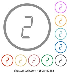 digital number two of seven segment type flat color icons in round outlines on white background