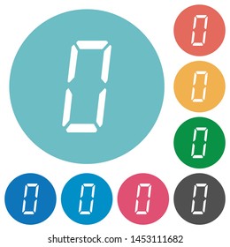 digital number zero of seven segment type flat white icons on round color backgrounds
