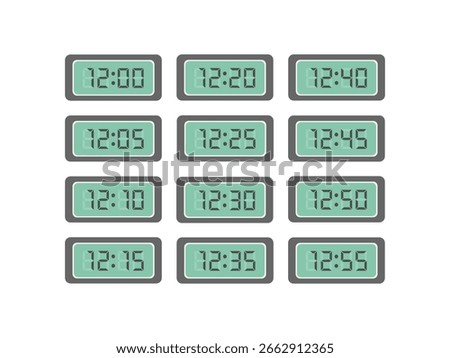 Digital numbers 12:00 to 12:55 clock illustration set