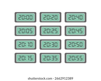 Conjunto de ilustrações de relógio de números digitais 20:00 a 20:55