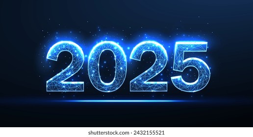 Números digitales 2025. Fondo azul de año nuevo. Estilo bajo en poli. Plantilla de banner web. Temporada 2025. Ilustración abstracta del vector del modelo de alambres. Feliz año nuevo. Transformación digital