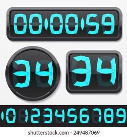 digital numbers and basic clock body shapes set.(fat style cyan numbers and shiny plastic body version)