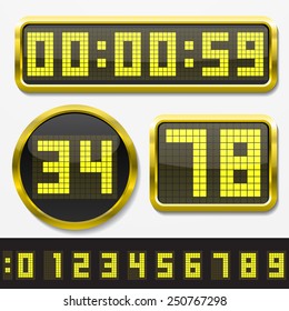 digital numbers and basic clock body shapes set.(2x resolution dots style. yellow numbers and golden body version)