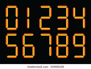 digital numbers in bright neon red, orange and yellow on black surface. Vector, eps 10