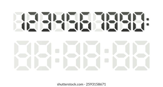 Digital numbers display. Black digits isolated on white background. Electronic watch, alarm timer, countdown. Realistic vector illustrations set.
