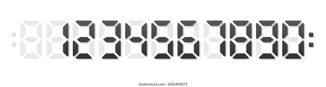 Digital numbers display. Black digits isolated on white background. Electronic watch, alarm timer, countdown. Realistic vector illustrations set.
