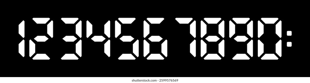 Digital numbers display. White digits isolated on black background. Electronic watch, alarm timer, countdown. Realistic vector illustrations set.