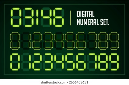 Digital numbers font clock set in bright neon green color. glowing Electronic calculator numeral. Vector illustration. alarm numeral font 