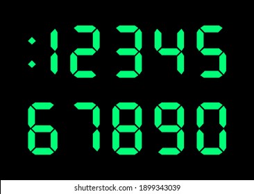 Digital numbers font for electronic clock display, calculator, counter. Green color on black background. Royalty free flat design vector illustration.