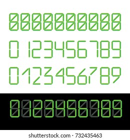Digital numbers are green. Electronic clock figures, counter. Vector illustration.