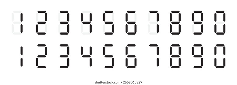 Digital numbers. Icon set. Black numbers, numerals. Calculator, scorecard, scoreboard, clock, stopwatch, electronic meter. Vector illustration.