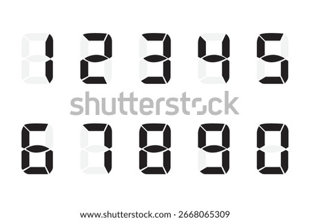Digital numbers. Icon set. Black numbers, numerals. Calculator, scorecard, scoreboard, clock, stopwatch, electronic meter. Vector illustration.