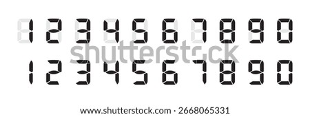 Digital numbers. Icon set. Black numbers, numerals. Calculator, scorecard, scoreboard, clock, stopwatch, electronic meter. Vector illustration.