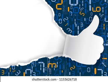 Digital numbers paper background with thumbs up.
Paper silhouette of Thumbs up ripping blue paper with Digital numbers. Place for your text or image. Vector available. 